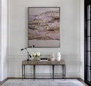Beige mosaic wall art with vertical tiles in rose, bronze, and gold tones on a soft neutral background