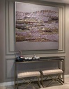 Beige mosaic wall art with vertical tiles in rose, bronze, and gold tones on a soft neutral background