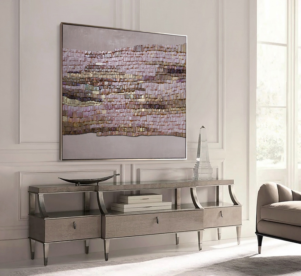 Beige mosaic wall art with vertical tiles in rose, bronze, and gold tones on a soft neutral background