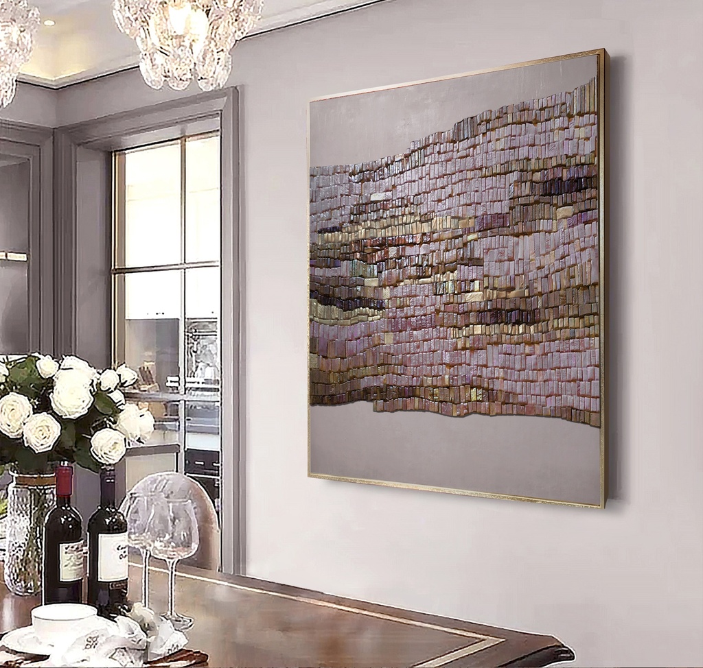 Beige mosaic wall art with vertical tiles in rose, bronze, and gold tones on a soft neutral background