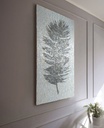 Vertical mosaic wall art featuring a stylized dark grey feather with silver and gold details on a pale icy background