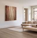 Mosaic wall art featuring a wave pattern in amber, brick, and brown tones with a creamy sand-colored center