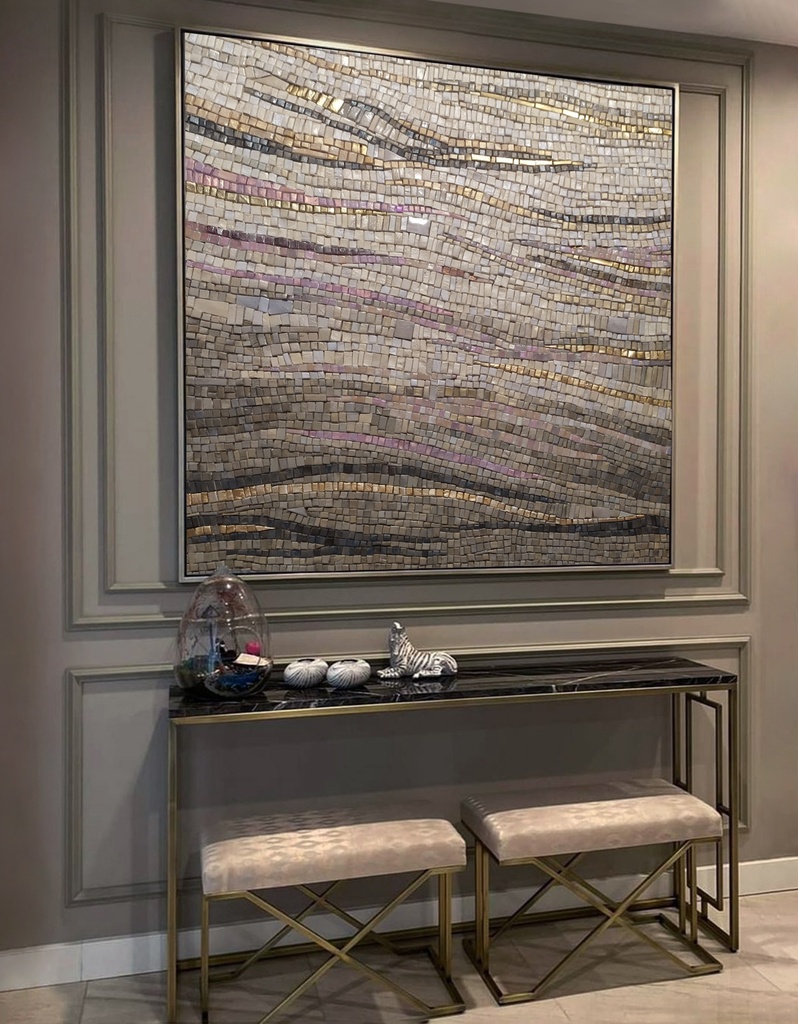 Abstract mosaic wall art featuring beige, gold, and soft pink tones with flowing wave patterns for modern interiors