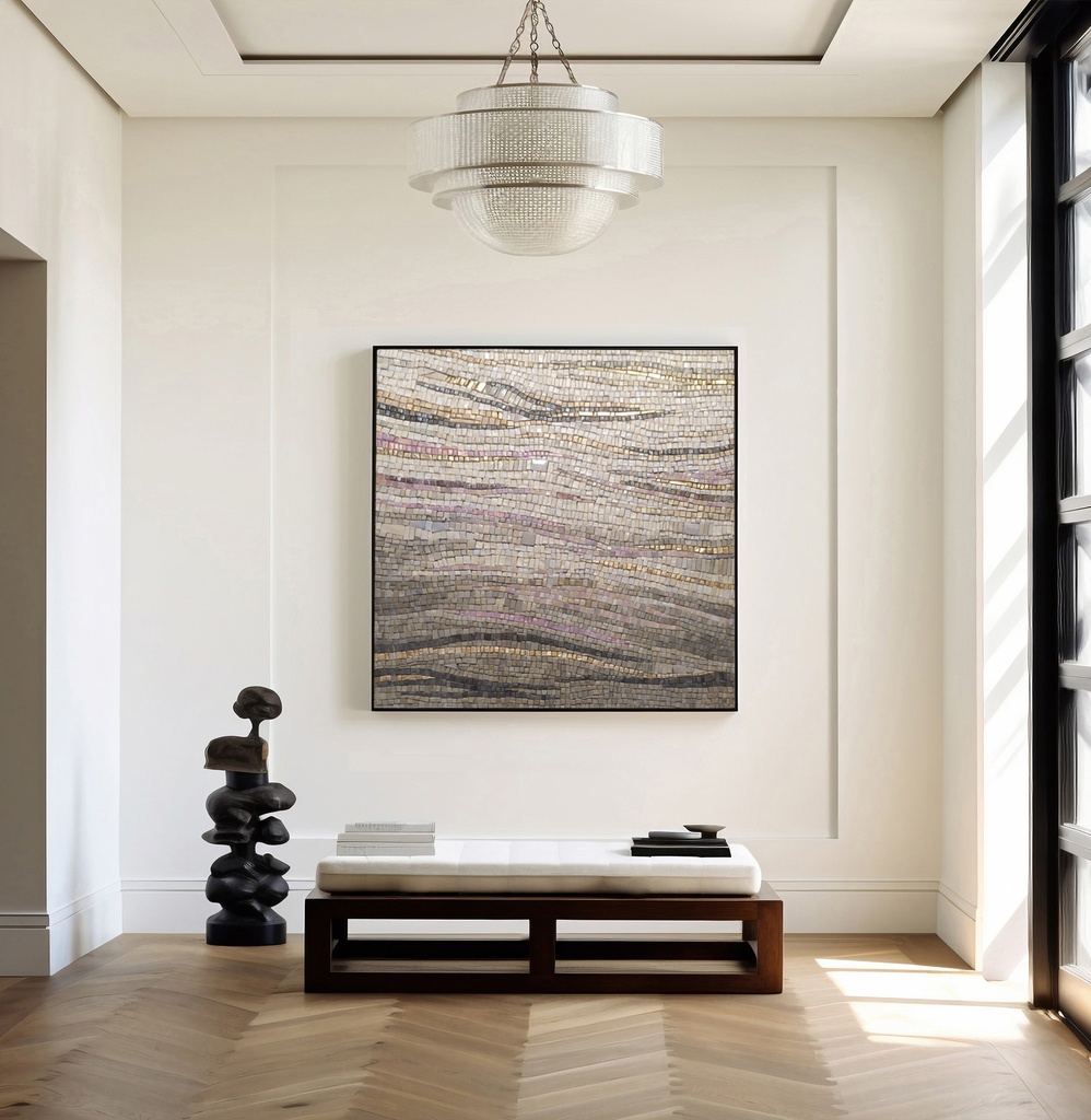 Abstract mosaic wall art featuring beige, gold, and soft pink tones with flowing wave patterns for modern interiors