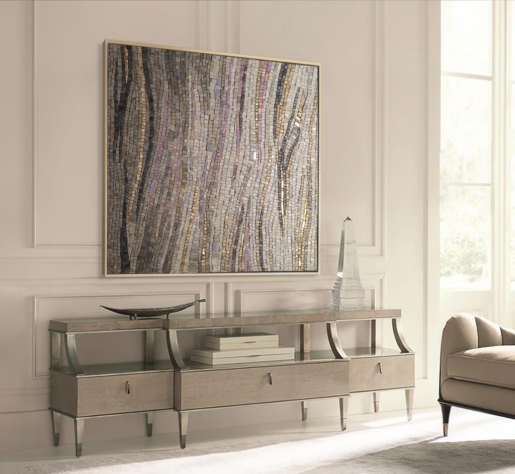 Abstract mosaic wall art featuring beige, gold, and soft pink tones with flowing wave patterns for modern interiors