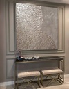 Beige and gold mosaic wall art with fan-shaped fossil texture on a large canvas for organic wabi-sabi interiors