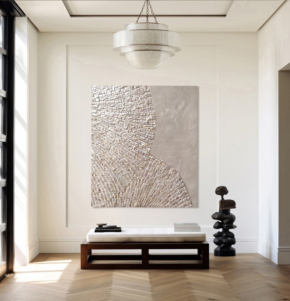 Beige and gold mosaic wall art with fan-shaped fossil texture on a large canvas for organic wabi-sabi interiors