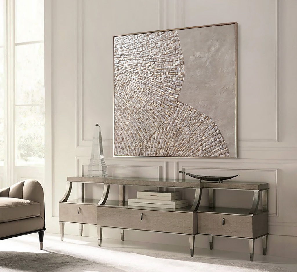 Beige and gold mosaic wall art with fan-shaped fossil texture on a large canvas for organic wabi-sabi interiors