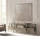 Beige and gold mosaic wall art with fan-shaped fossil texture on a large canvas for organic wabi-sabi interiors