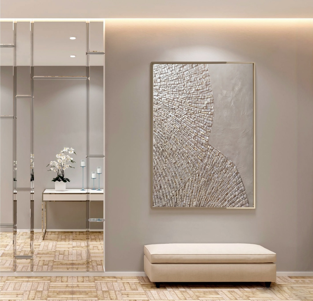Beige and gold mosaic wall art with fan-shaped fossil texture on a large canvas for organic wabi-sabi interiors
