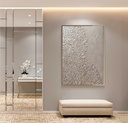 Beige and gold mosaic wall art with fan-shaped fossil texture on a large canvas for organic wabi-sabi interiors