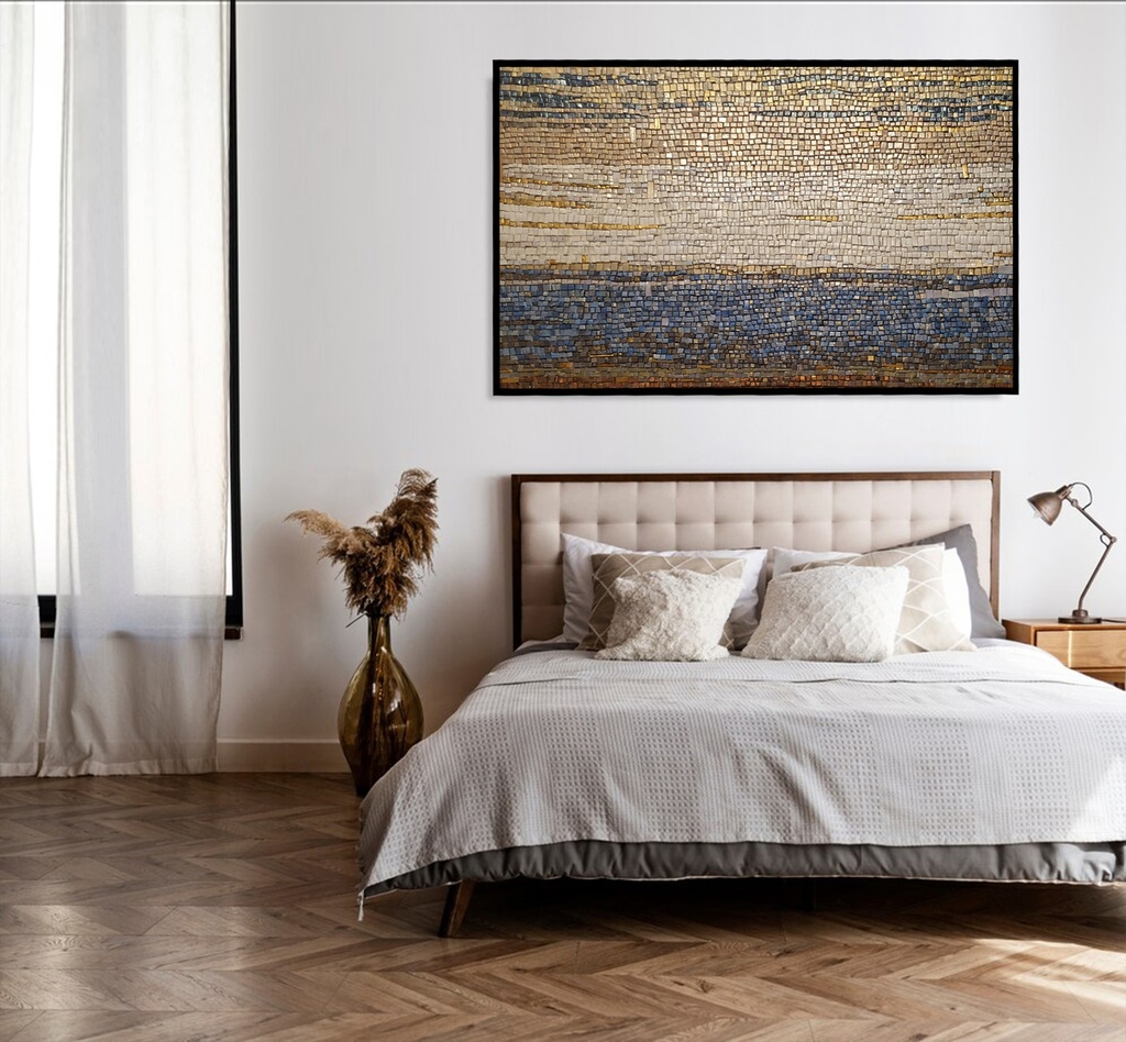 Horizontal mosaic wall art with gold, navy blue, copper, and brown tiles arranged in layered landscape pattern for modern interiors