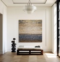 Horizontal mosaic wall art with gold, navy blue, copper, and brown tiles arranged in layered landscape pattern for modern interiors