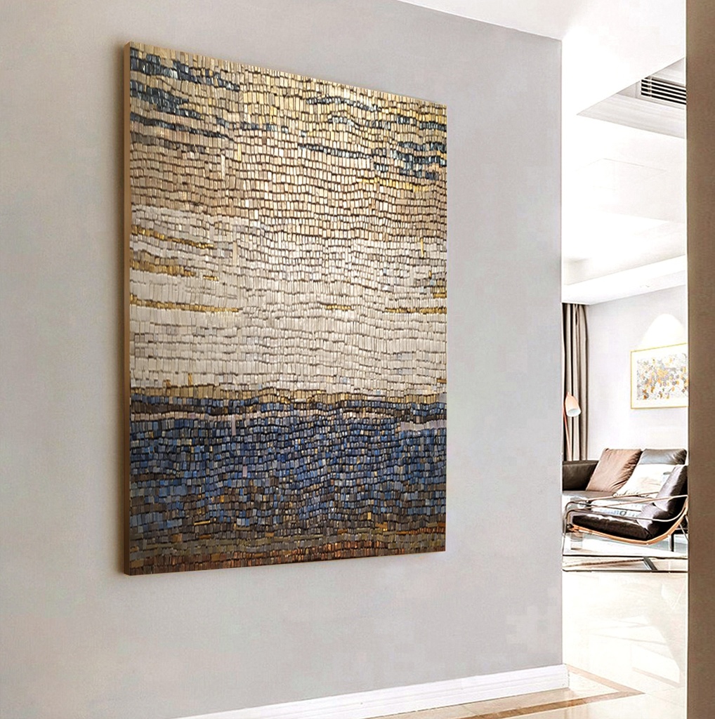 Horizontal mosaic wall art with gold, navy blue, copper, and brown tiles arranged in layered landscape pattern for modern interiors