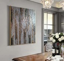 Gray and gold mosaic wall art with textured tiles arranged vertically and horizontally for modern interior decor