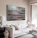 Gray and gold mosaic wall art with textured tiles arranged vertically and horizontally for modern interior decor