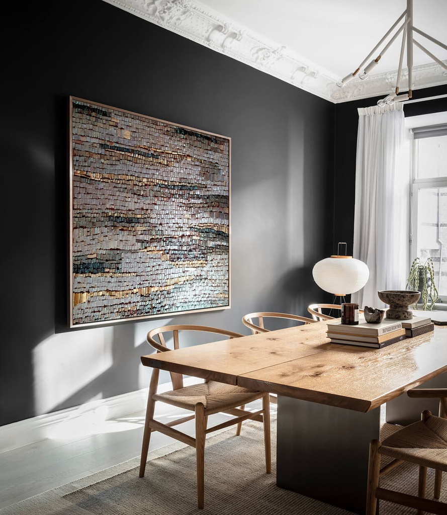 Gray and gold mosaic wall art with textured tiles arranged vertically and horizontally for modern interior decor