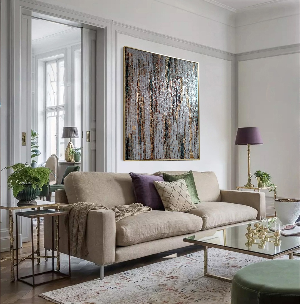 Gray & Gold Mosaic Wall Art – Modern Gray and gold mosaic wall art with textured tiles arranged vertically and horizontally for modern interior decor
