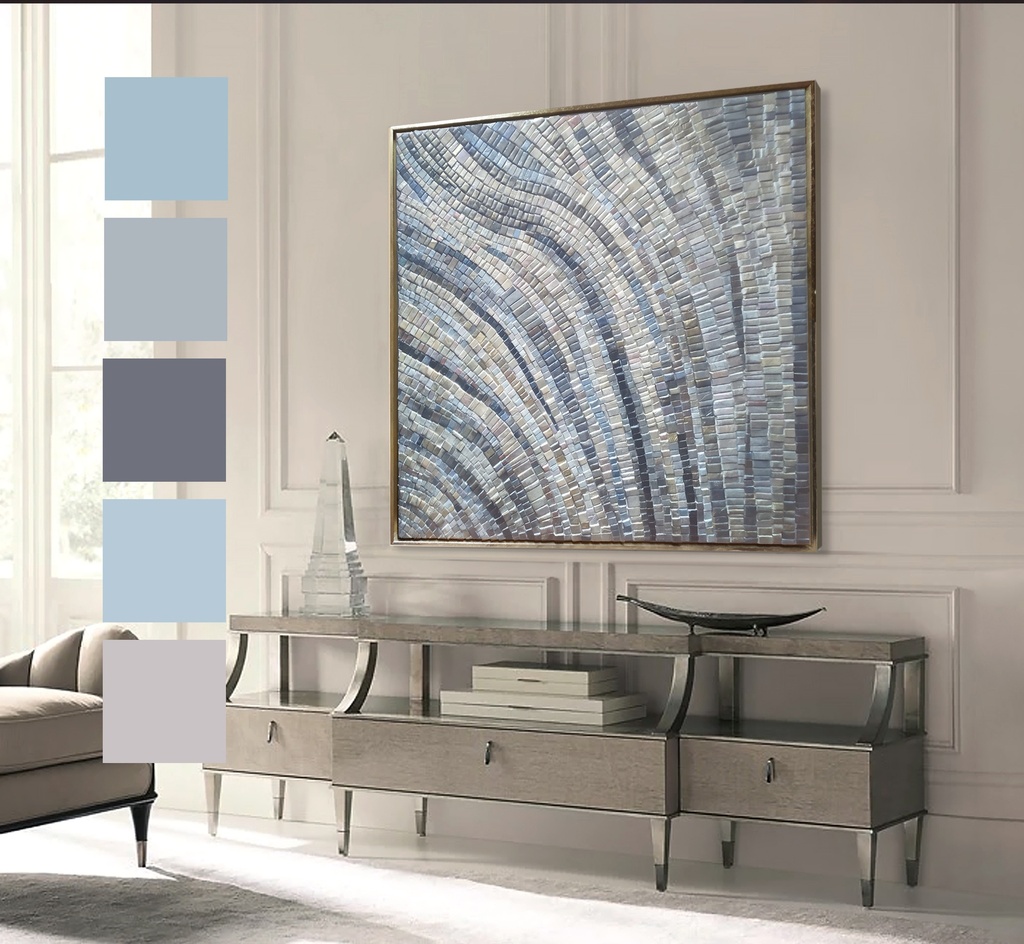 Blue and gray mosaic wall art with shimmering silver accents and radiating wave patterns for modern home decor