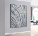 Blue and gray mosaic wall art with shimmering silver accents and radiating wave patterns for modern home decor
