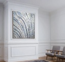 Blue and gray mosaic wall art with shimmering silver accents and radiating wave patterns for modern home decor