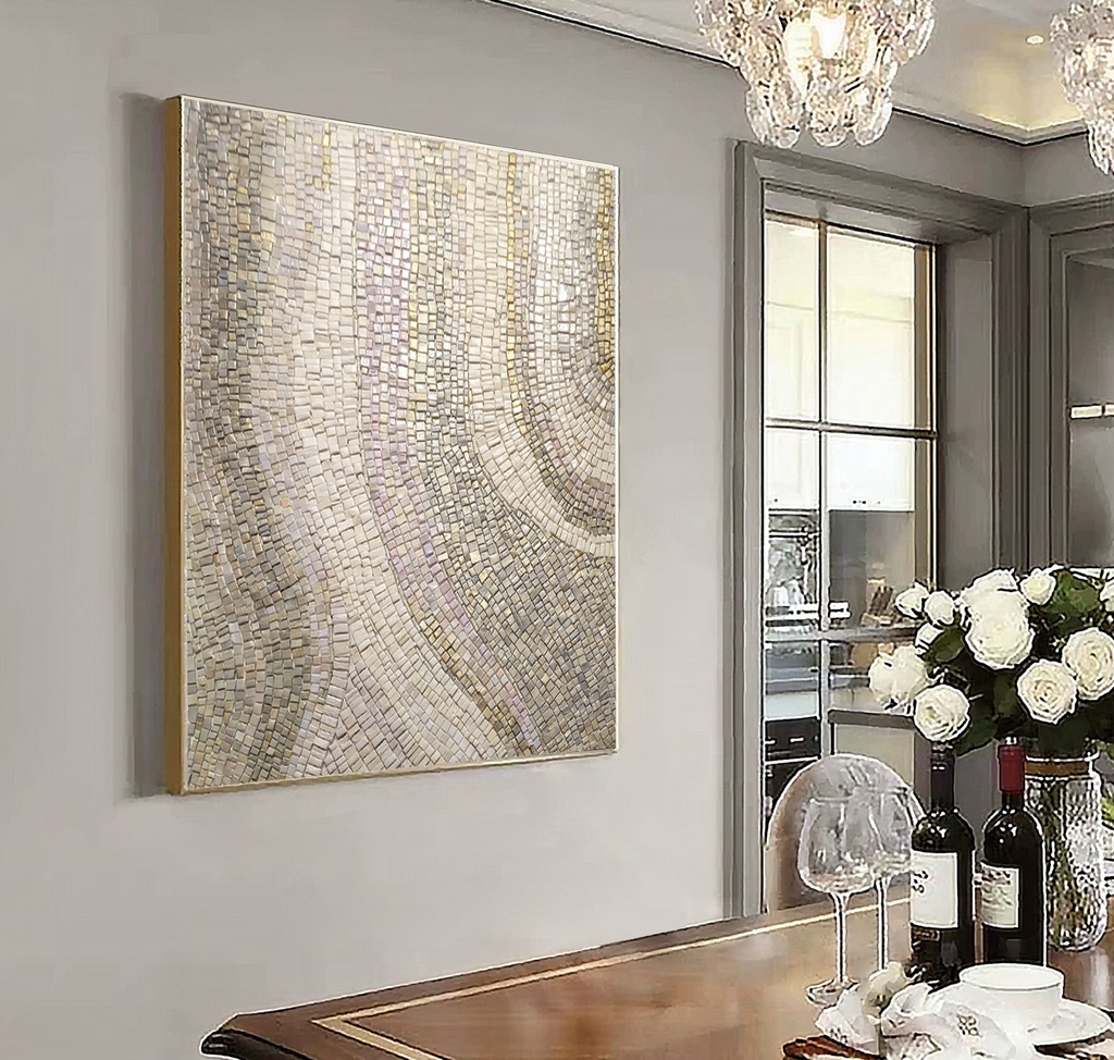 Gold and beige mosaic wall art with flowing wave patterns and metallic shine, perfect for modern luxury home decor