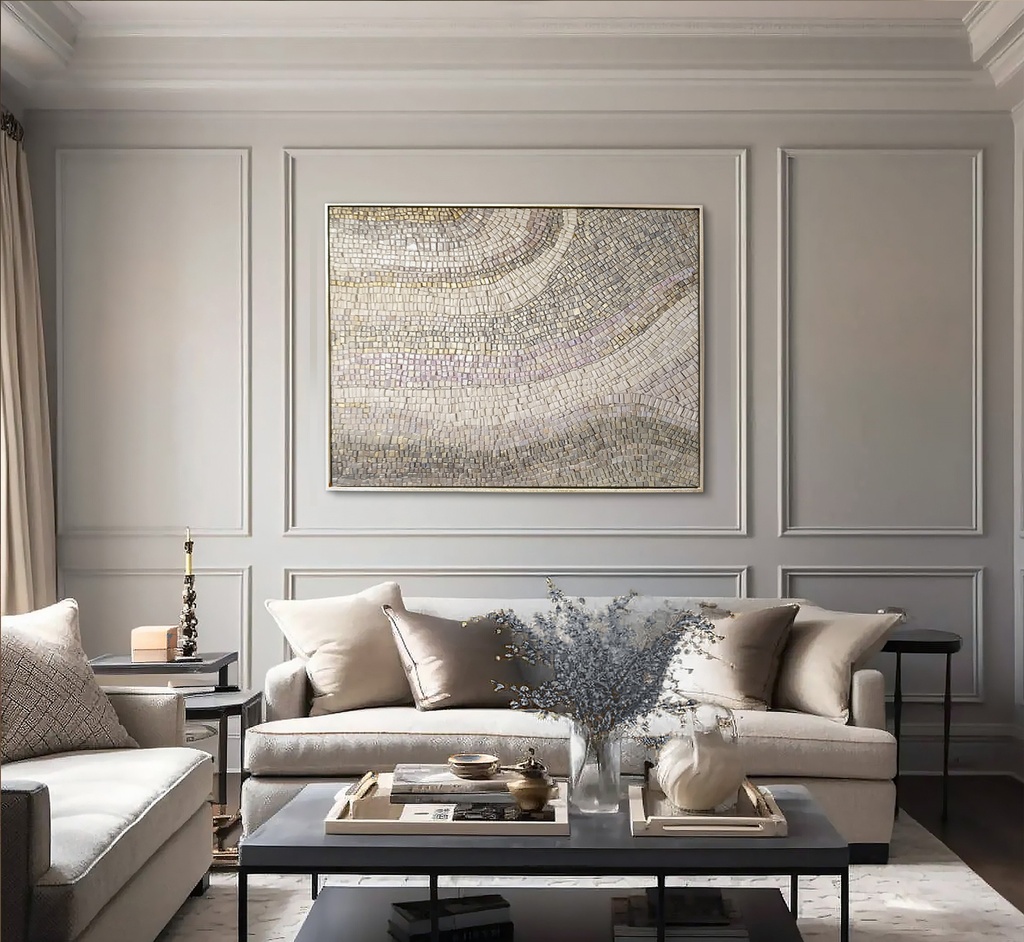 Gold and beige mosaic wall art with flowing wave patterns and metallic shine, perfect for modern luxury home decor