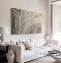 Large beige mosaic wall art on canvas with intertwining blue and green accents and shimmering gold and copper highlights, perfect for modern interiors