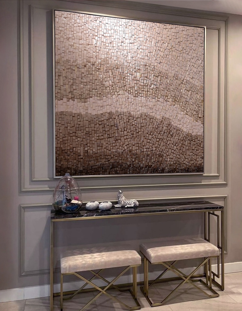 Large mosaic wall art in warm rose terracotta bronze shades with sculptural texture and elegant color transitions, perfect for modern luxury interiors