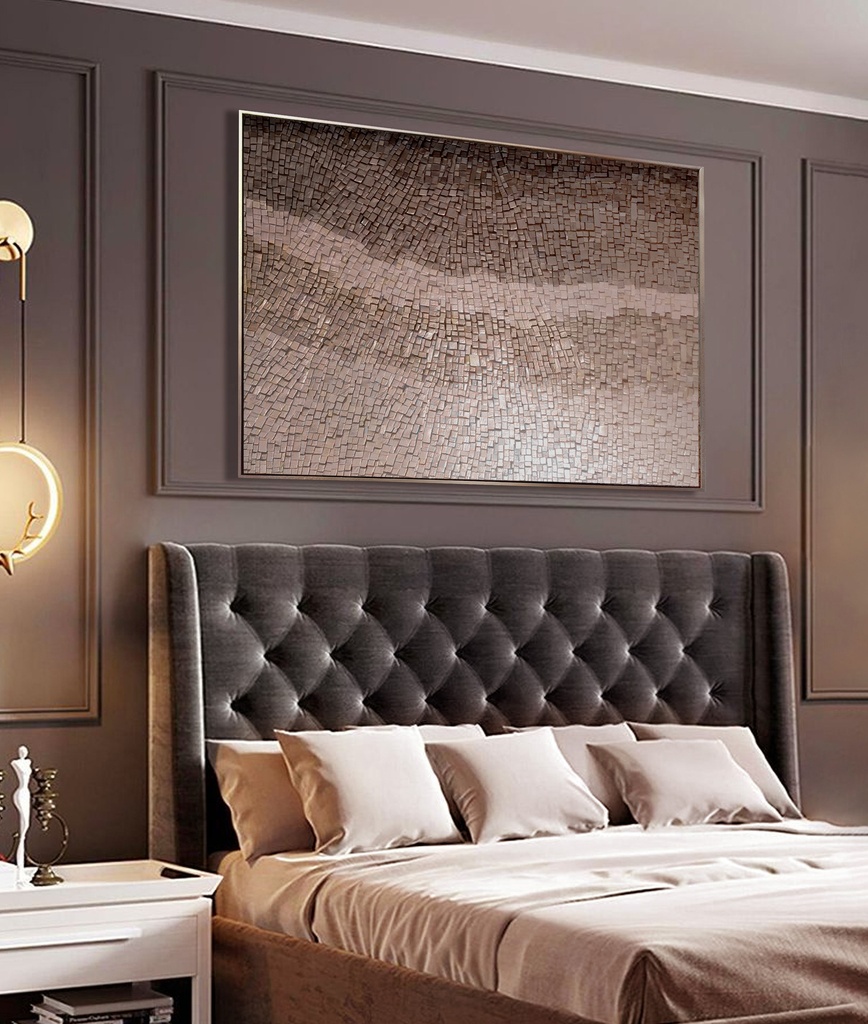 Large mosaic wall art in warm rose terracotta bronze shades with sculptural texture and elegant color transitions, perfect for modern luxury interiors