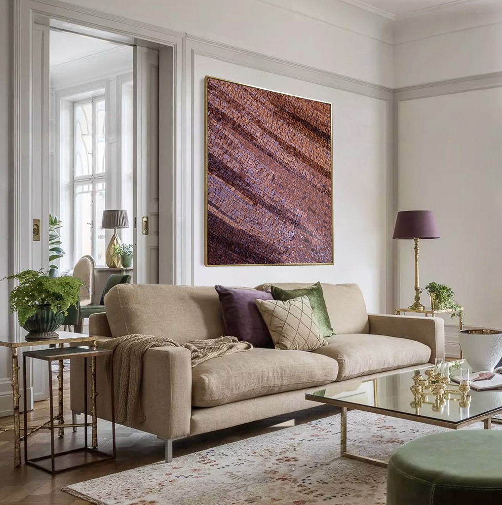 Large mosaic wall art with diagonal stripes in plum, copper, and mahogany tones, creating a warm and elegant abstract design for modern interiors