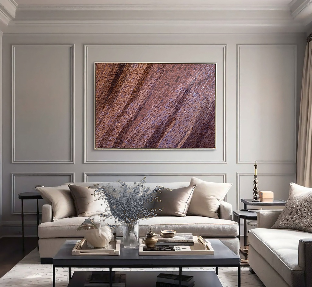 Large mosaic wall art with diagonal stripes in plum, copper, and mahogany tones, creating a warm and elegant abstract design for modern interiors