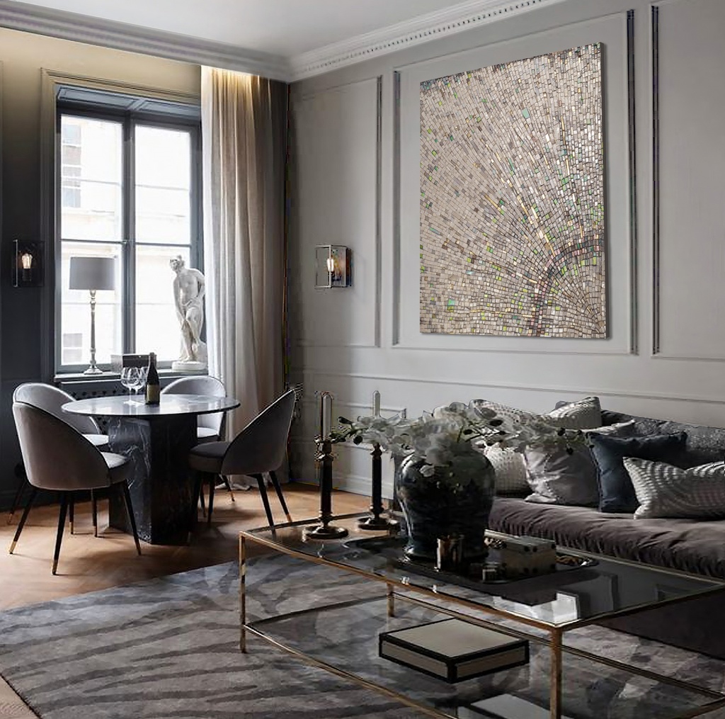 Large mosaic wall art with a radiant sunburst pattern in neutral and gold tones