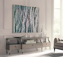 Large mosaic wall art with teal and copper interwoven lines on a neutral beige background, modern and dynamic design