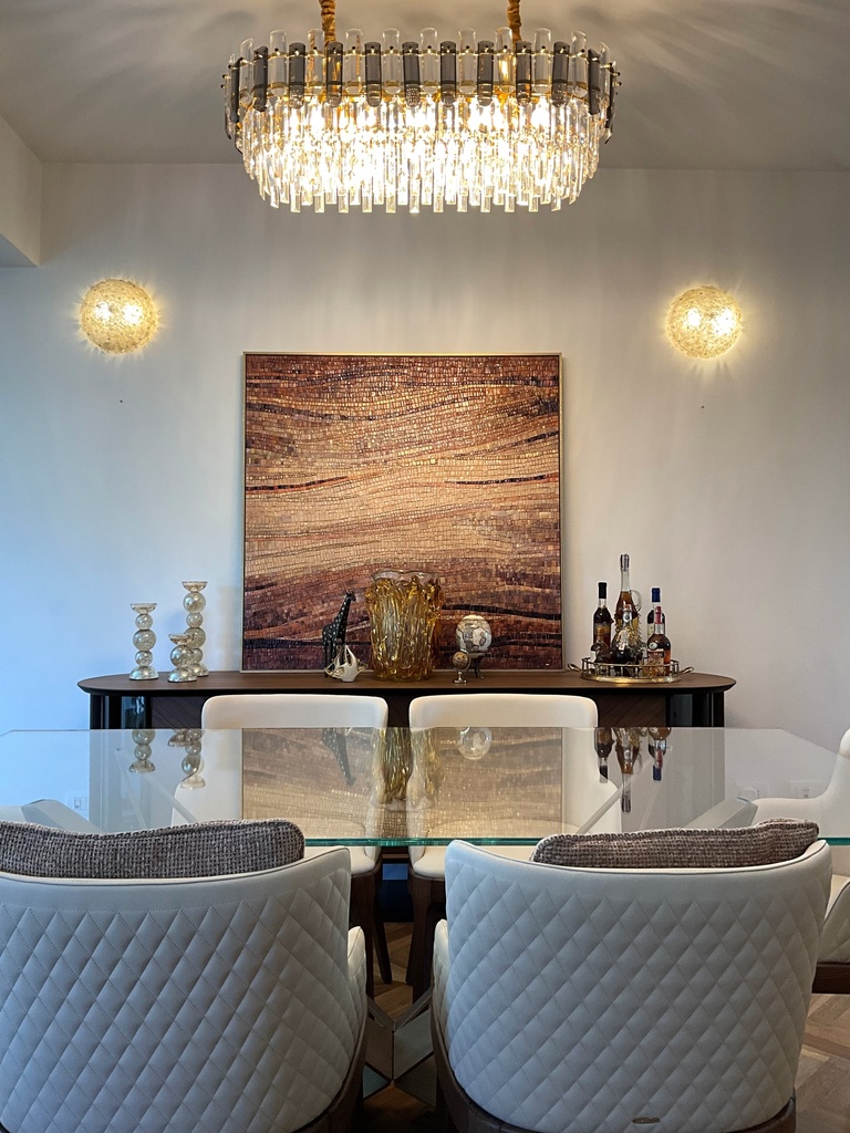 Amber & Brown Mosaic Wall Art – Wave Pattern with Cream Center for Warm Interiors