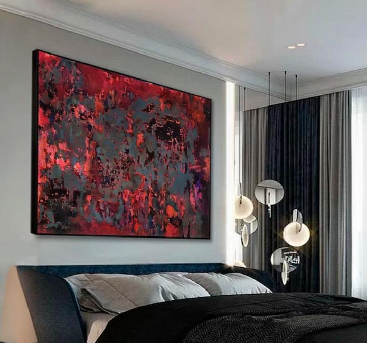 RED and black abstract art, red canvas painting