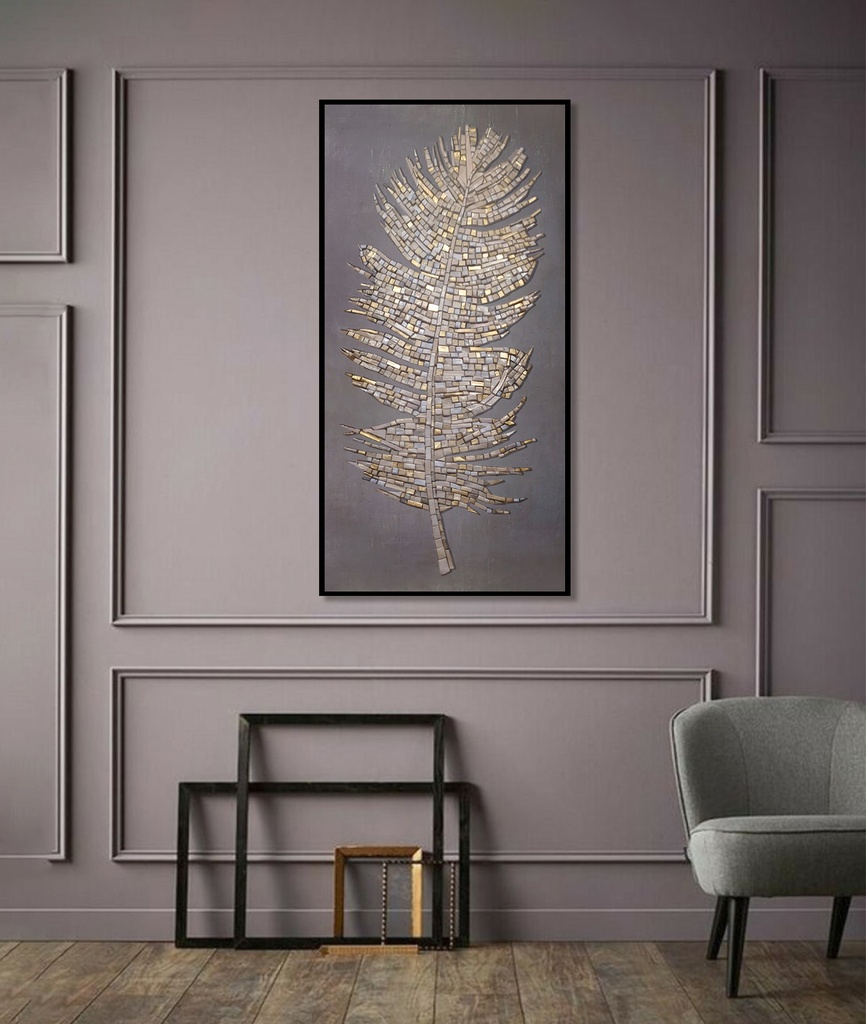 Long Vertical Mosaic Wall Art in Beige and Gold | Modern Decor