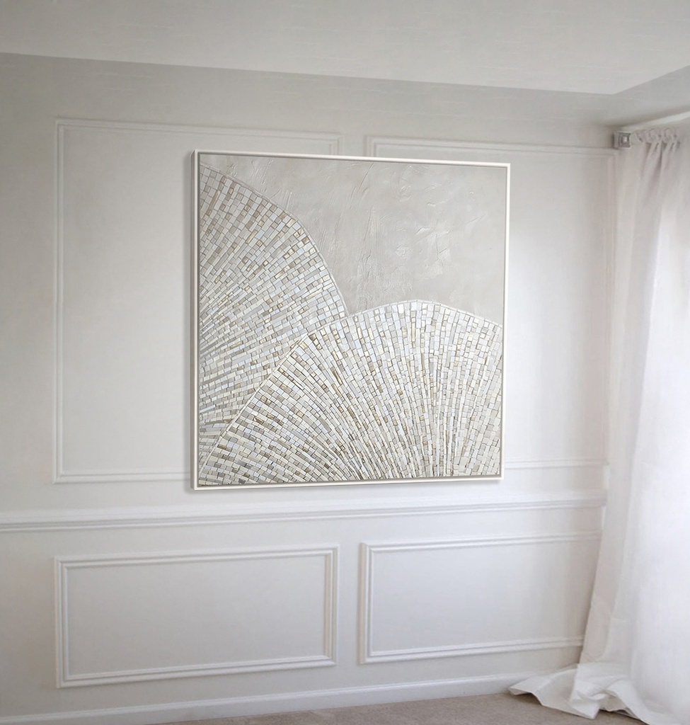 Cream Ivory Gold Abstract Mosaic Art | Elegant Neutral Wall Decor (24"x32" (60x80cm), Gold Frame)
