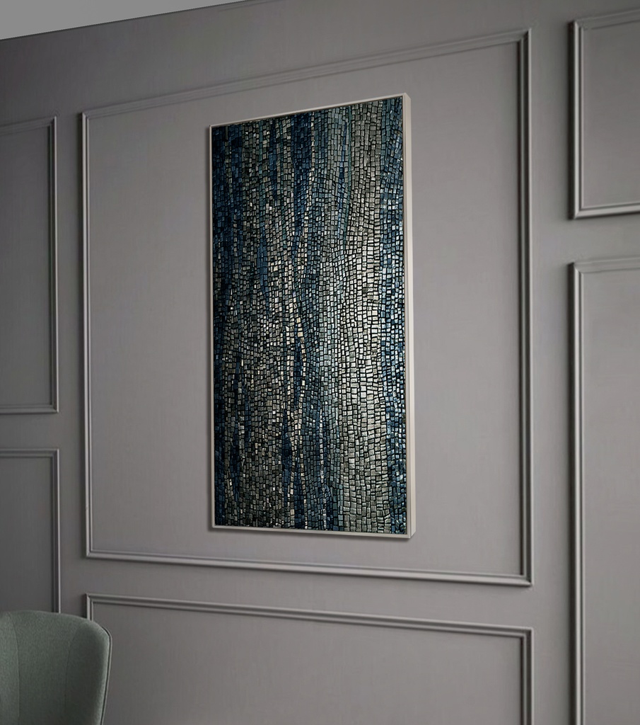 Dark Blue Mosaic Wall Art | Long Metallic Silver Abstract Canvas