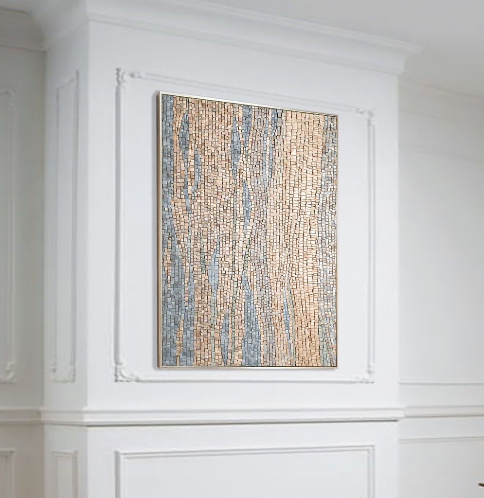 Light Gold and Soft Blue Mosaic Wall Art | Vertical Abstract Canvas