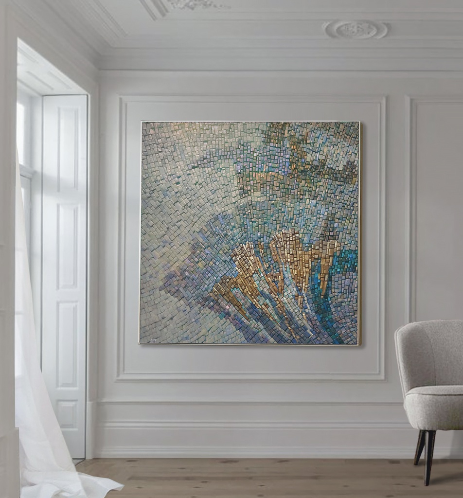 Teal Mosaic Wall Art – Textured Floral Abstract Luxury Decor