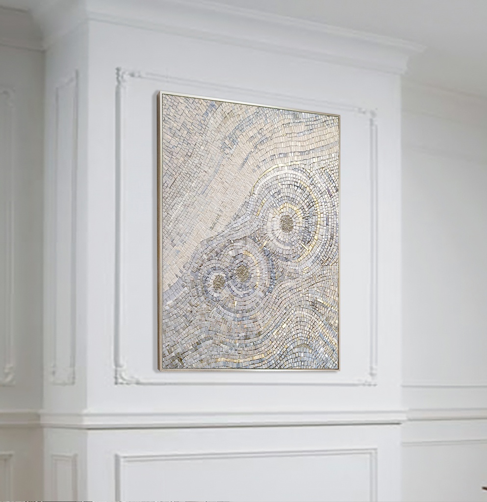 Pearl White Mosaic Wall Art – Radiant Circles with Soft Gold Accents