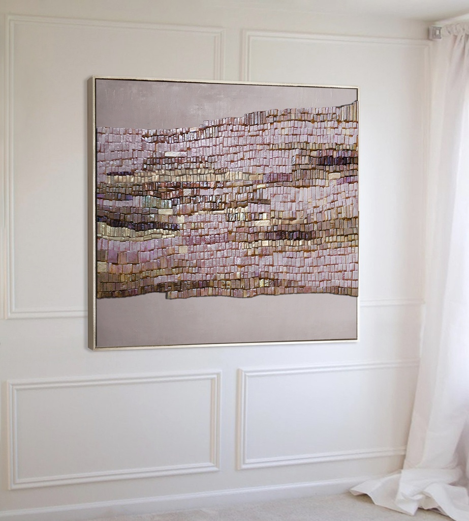 Beige Mosaic Wall Art with Rose and Gold Accents – Vertical Tile Abstract 