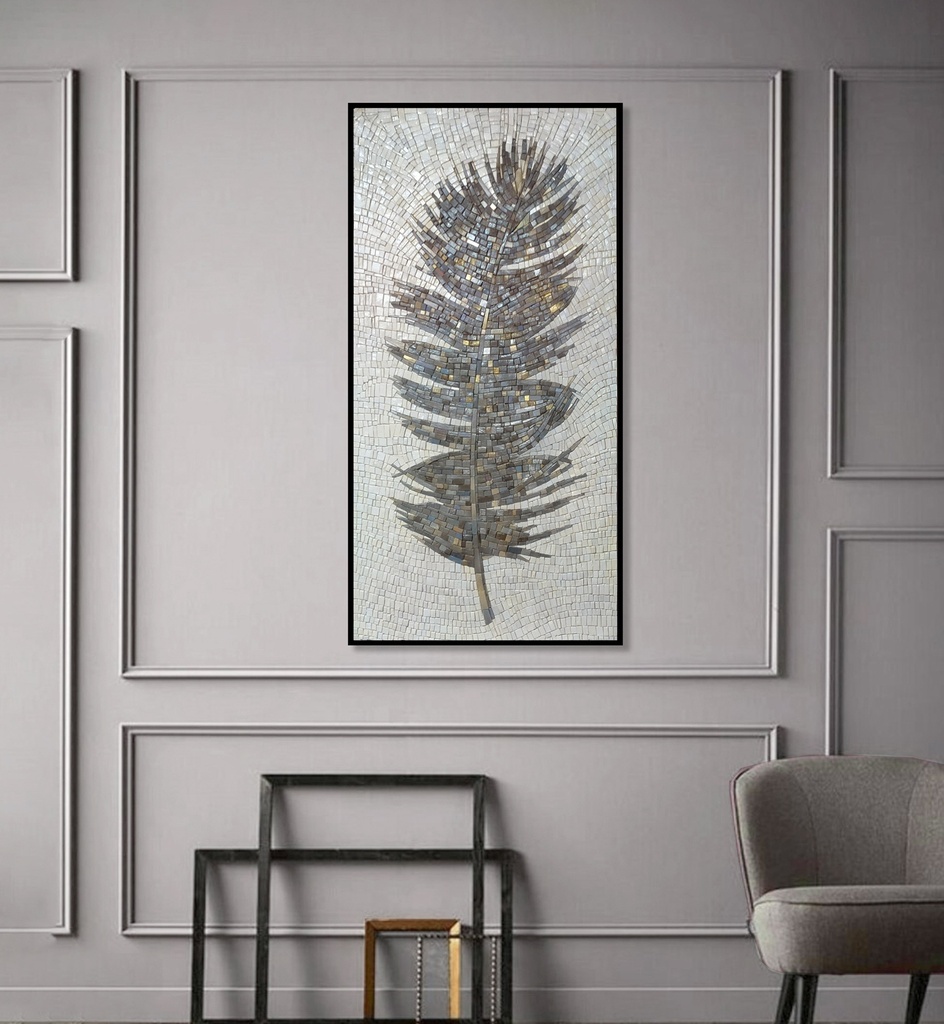 Vertical Feather Mosaic Wall Art – Dark Grey, Silver & Gold on Pale Background