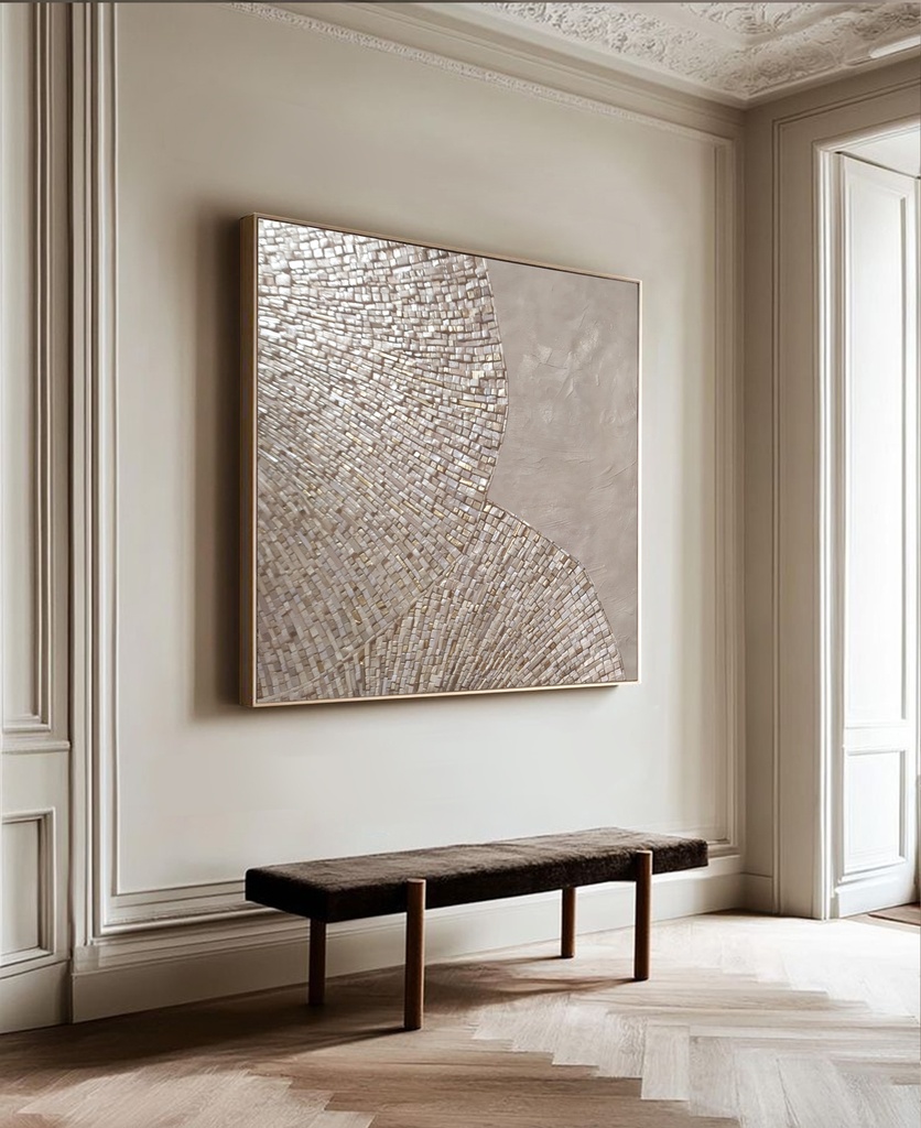 Natural Fan Pattern Mosaic Artwork in Beige with Subtle Gold Accents
