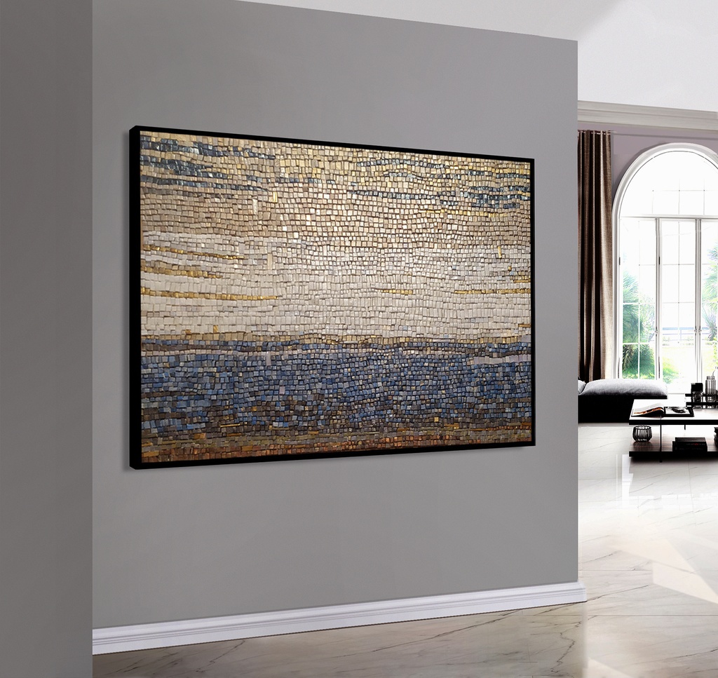 Gold & Navy Landscape Mosaic Wall Art – Horizontal Layered Abstract Wall Decor