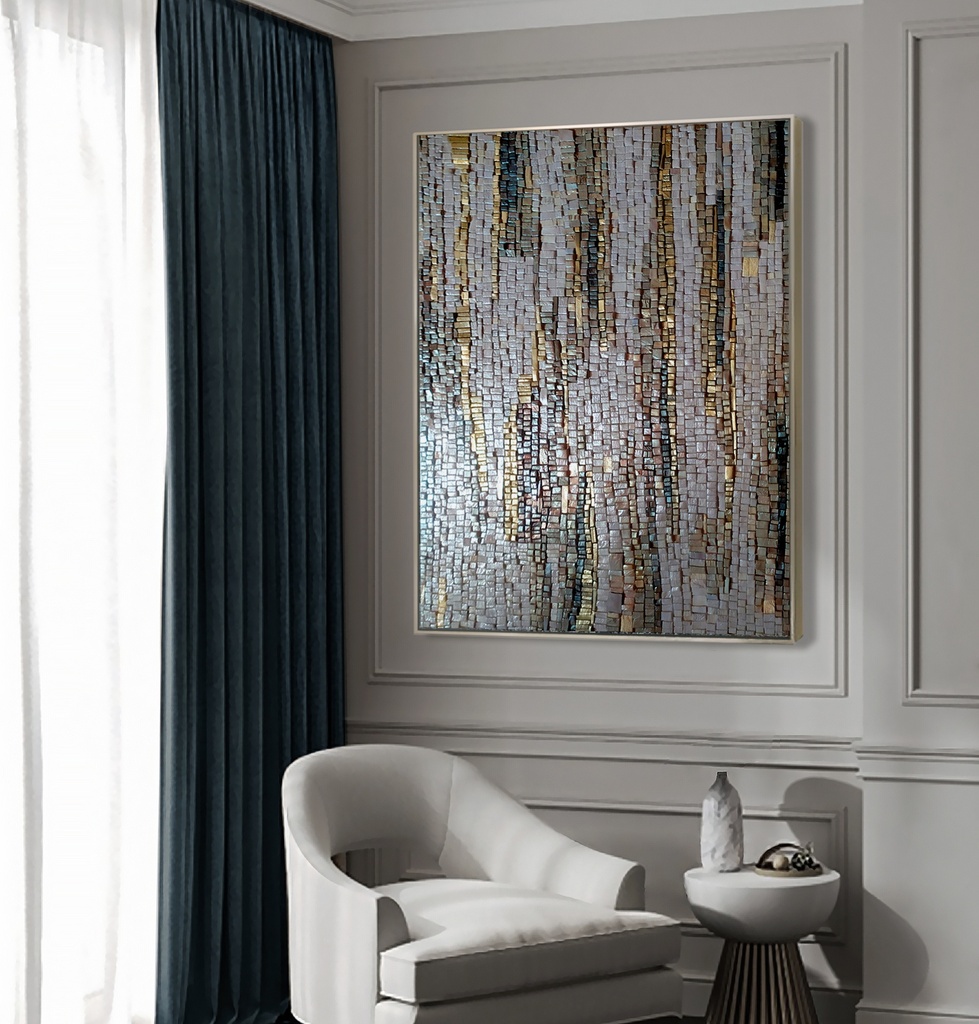 Gray & Gold Mosaic Wall Art – Modern Textured Abstract Canvas