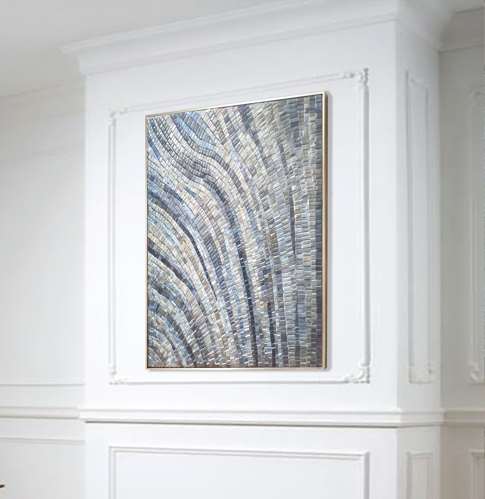 Blue Gray Mosaic Wall Art – Modern Abstract Waves with Metallic Silver Accents