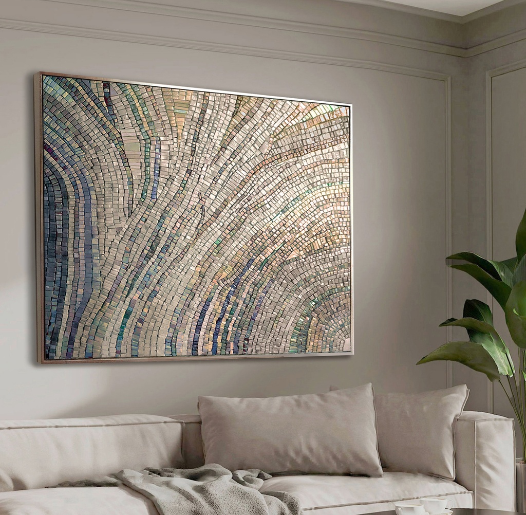 Large Beige Mosaic Wall Art with Blue, Green, Gold and Copper Accents – Modern Abstract Canvas 