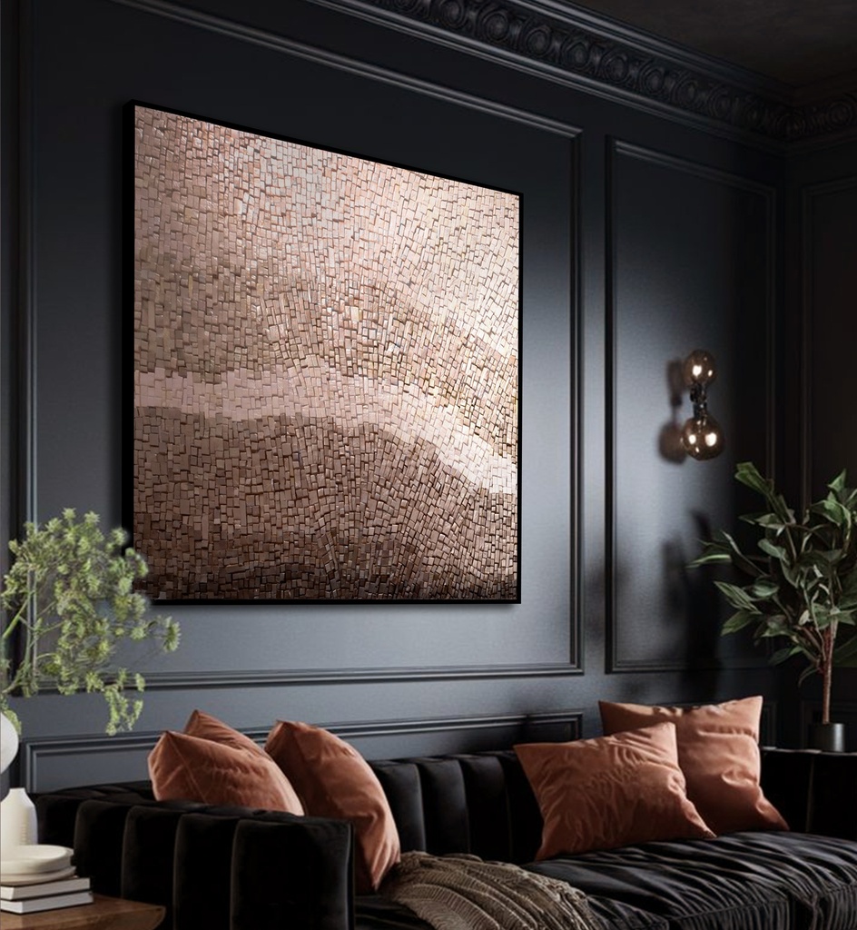 Large Rose Terracotta Bronze Mosaic Wall Art – Textured Modern Abstract Canvas with Sculptural Dimension